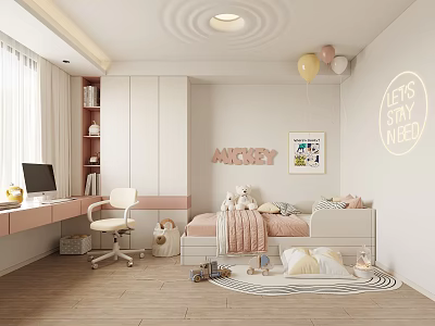 Kids Room Interior With White Walls Pink Bed Teddy Bears Toys And Neon Decor 3d model