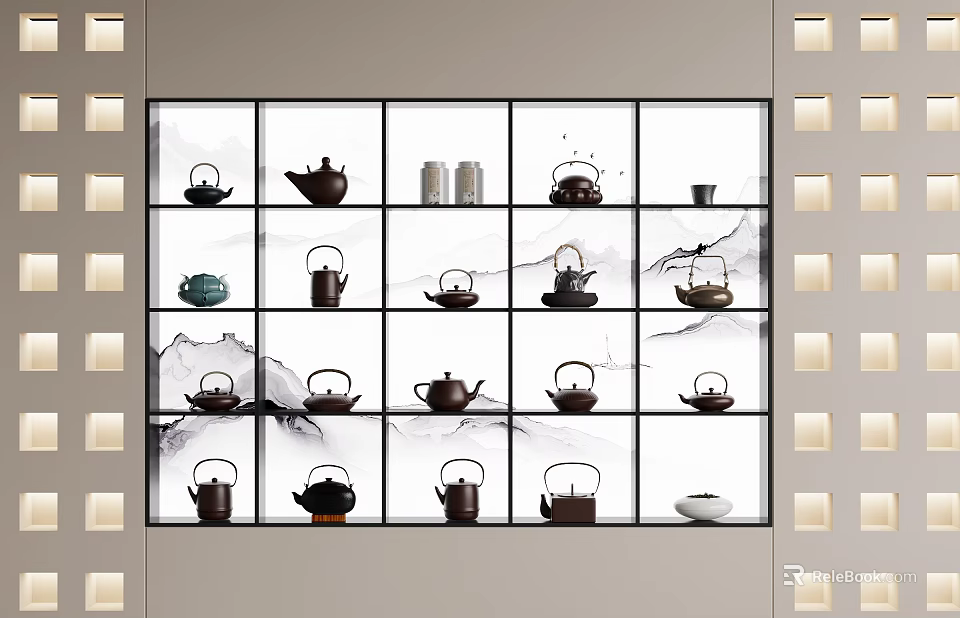 Chinese Traditional Tea Sets in Multi Compartment Display Cabinet with Landscape Background 3d model