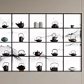 Chinese Traditional Tea Sets in Multi Compartment Display Cabinet with Landscape Background 3d model