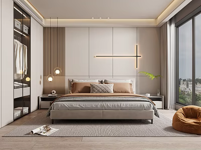 Modern Bedroom Interior Design Featuring Bed Bedside Tables Lighting And Large Windows 3d model