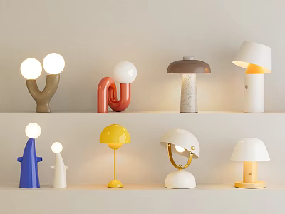 Colorful Modern Table Lamps With Various Creative Designs On Display Shelf 3d model
