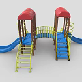 Colorful Playground Equipment With Red Canopies Blue Slides And Yellow Ladders