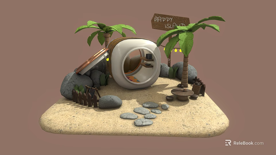 Cartoon Happy Island Scene With Palm Trees Round Hut Sandy Beach And Stone Path 3d model 