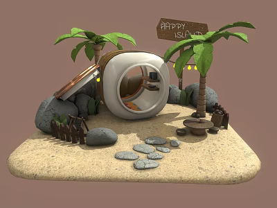 Cartoon Happy Island Scene With Palm Trees Round Hut Sandy Beach And Stone Path 3d model