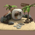 Cartoon Happy Island Scene With Palm Trees Round Hut Sandy Beach And Stone Path