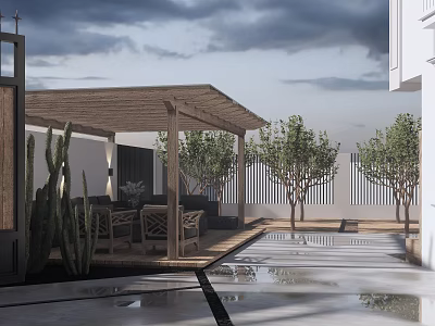 Stylish Courtyard Garden With Wooden Pergola Seating Area Pool Green Plants And Trees 3d model