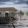 Stylish Courtyard Garden With Wooden Pergola Seating Area Pool Green Plants And Trees
