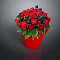 Fresh Red Roses With Black Berries And Green Leaves In Red Vase Arrangement