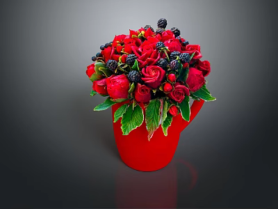 Fresh Red Roses With Black Berries And Green Leaves In Red Vase Arrangement 3d model