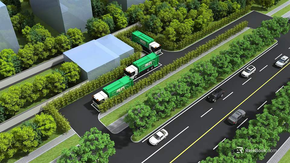 Aerial View of Urban Road With Green Trucks Trees and Buildings 3d model 