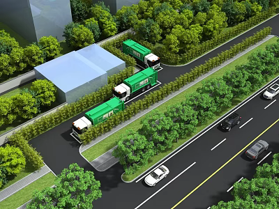 Aerial View of Urban Road With Green Trucks Trees and Buildings 3d model
