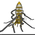 Rocket Shaped Playground Structure With Multiple Silver Slides And Yellow Top 3d model