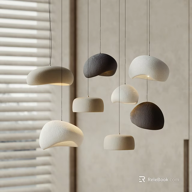 Modern Minimalist Pendant Lights With Organic Pebble Shapes In Neutral Tones And Window Blinds 3d model 