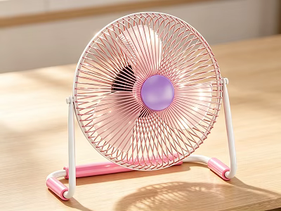 Pink Air Cooler Fan With Purple Center And White Stand On Wooden Table 3d model