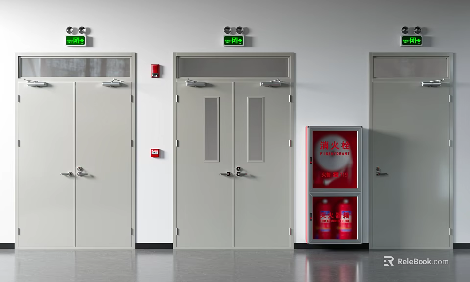 Fire Safety Equipment Area With Emergency Doors Indicator Lights And Fire Extinguishers 3d model 