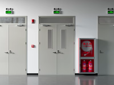 Fire Safety Equipment Area With Emergency Doors Indicator Lights And Fire Extinguishers 3d model