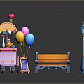 Vintage Ice Cream Cart Scene With Awning Menu Board Balloons Bench And Street Lamp