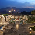 Traditional Chinese Garden Landscape at Night with Lanterns Stone Furniture and Distant City Lights