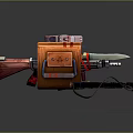 Vibrant Orange Wooden Crate With Assorted Weapons Blaster Gun And Tools