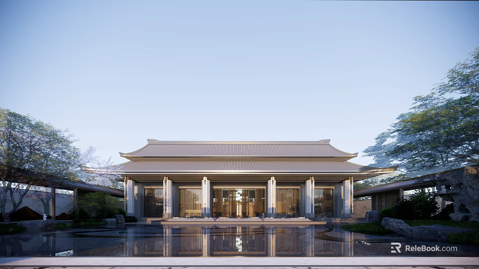 Traditional Chinese Style Sales Office Building With Grand Roof Spacious Entrance And Water Reflection 3d model