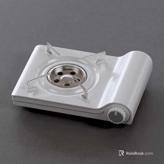 White Single Burner Gas Stove With Support Brackets And Control Knob For Modern Kitchen Cooking 3d model 