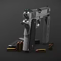 Close Up View of Silver Pistol with Open Magazine and Scattered Bullets