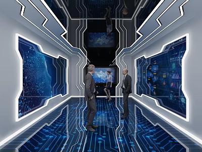 Futuristic Office Corridor With Large Screens Blue Circuit Patterns And People Talking 3d model