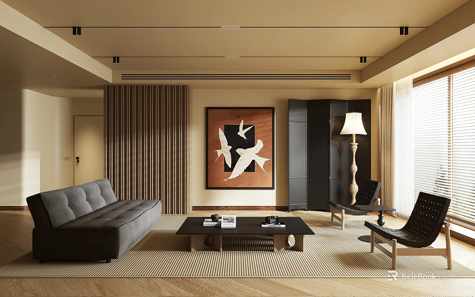 Modern Living Room Interior Design With Gray Sofa Wooden Coffee Table And Bird Painting 3d model 