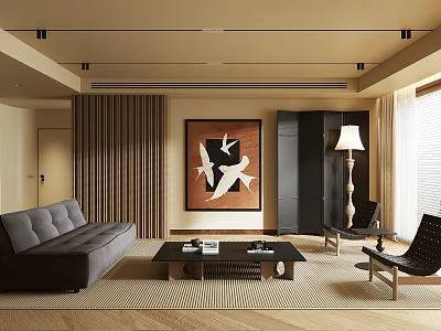 Modern Living Room Interior Design With Gray Sofa Wooden Coffee Table And Bird Painting 3d model