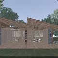 Rustic Wooden Pavilion with Sloped Roof Stone Walls Latticed Screens and Green Lawn