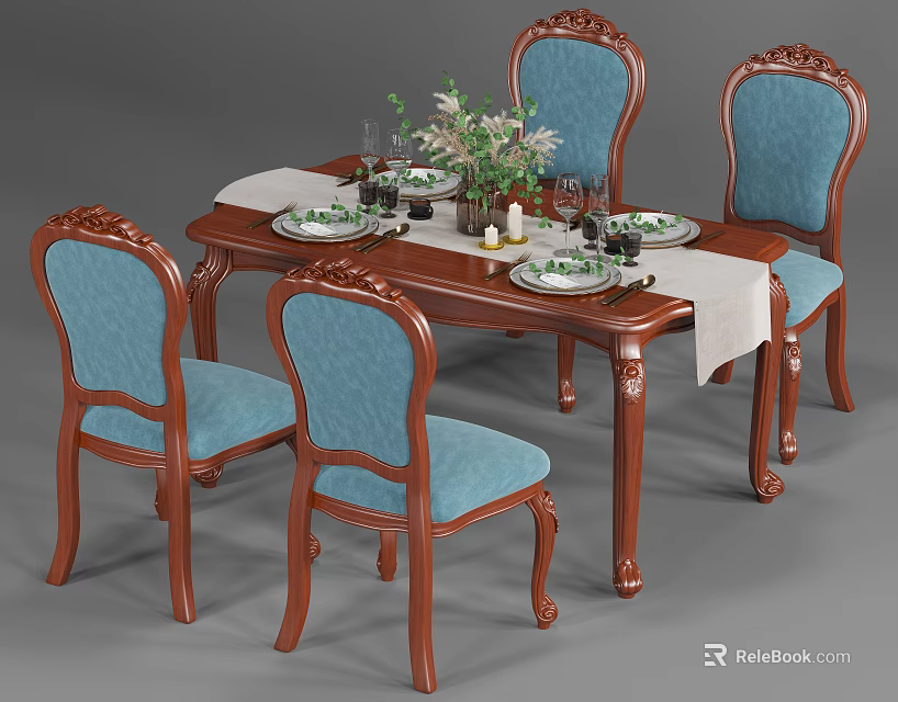 Elegant Dining Table Set with Wooden Table Blue Chairs Table Runner and Flower Centerpiece 3d model 