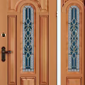 Wooden Front Door With Ornate Glass Panels And Decorative Top Transom Design