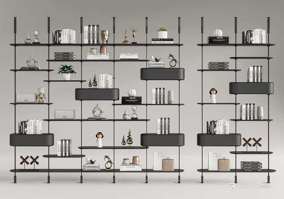 Modern Open Bookshelves Featuring Multiple Layers With Books Decorative Items Trophies And Small Plants 3d model 