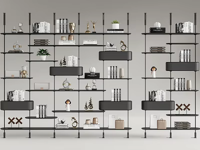 Modern Open Bookshelves Featuring Multiple Layers With Books Decorative Items Trophies And Small Plants 3d model