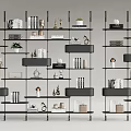 Modern Open Bookshelves Featuring Multiple Layers With Books Decorative Items Trophies And Small Plants