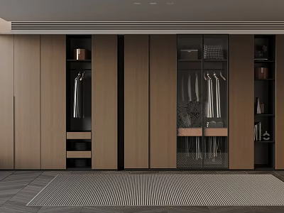 Modern Wooden Wardrobe Interior Design With Glass Doors Hanging Rods And Shelves 3d model