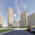 Modern Curved Office Towers With Vertical Greenery Alongside River And Pedestrian Walkway