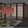 Japanese Style Indoor Garden Feature With Red Maple Tree Green Plants And Stone Lantern