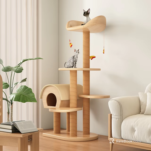 Wooden Cat Tree With Multi Level Platform Cat House And Hanging Toys For Indoor Home 3d model 