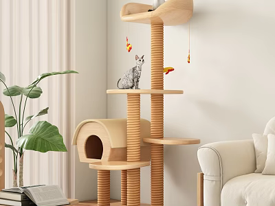 Wooden Cat Tree With Multi Level Platform Cat House And Hanging Toys For Indoor Home 3d model