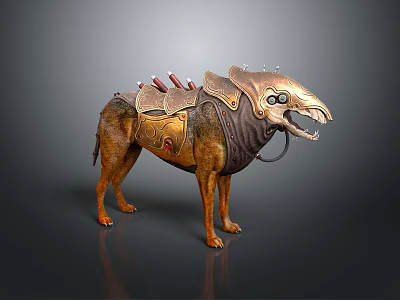 Fantasy Armored Dog With Spiked Armor Mechanical Details Copper Red Accents 3D Render 3d model
