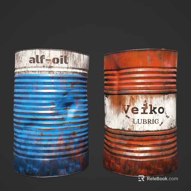 Rustic Blue And Red Oil Drums With Alf Oil And Veiko Lubric Labels 3d model 