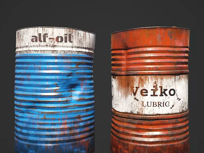 Rustic Blue And Red Oil Drums With Alf Oil And Veiko Lubric Labels 3d model