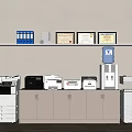 Modern Office Appliances Setup with Printers Water Dispenser Filing Cabinets Certificates and Folders on Shelf