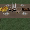 Outdoor Wooden Dining Table With Fruit Basket Candle Plates And Cutlery On Grass