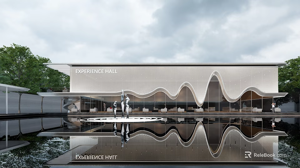 Modern Experience Hall Sales Office Building with Wave Facade and Water Reflection 3d model 
