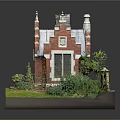 Cartoon Scene With Miniature Red Brick House Spires Green Plants And Garden Path