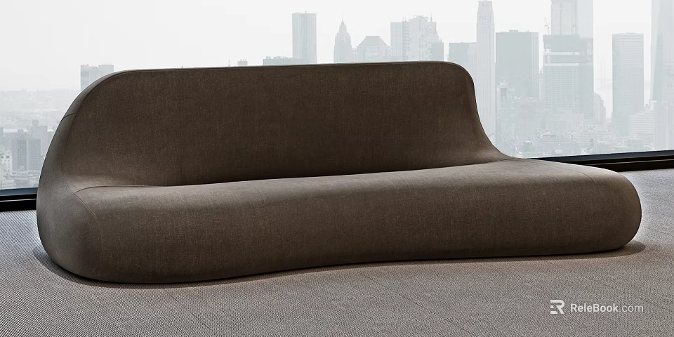 Modern Brown Fabric Sectional Sofa With Curved Design And Urban Skyline 3d model 