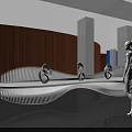 Futuristic Exhibition Display With Illuminated Pillars And Central Exhibit In Modern Architectural Space