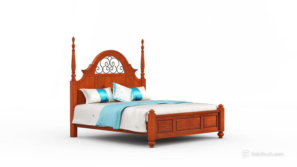 Solid Wood Double Bed With Carved Headboard Wrought Iron Accents Blue White Pillows And Blanket 3d model 
